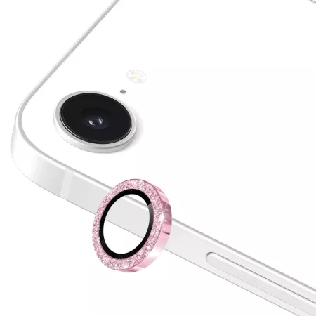 iPhone 16e kameran linssisuoja pinkki glitter – rengas ja asennettuna puhelimen kameran ympärillä.