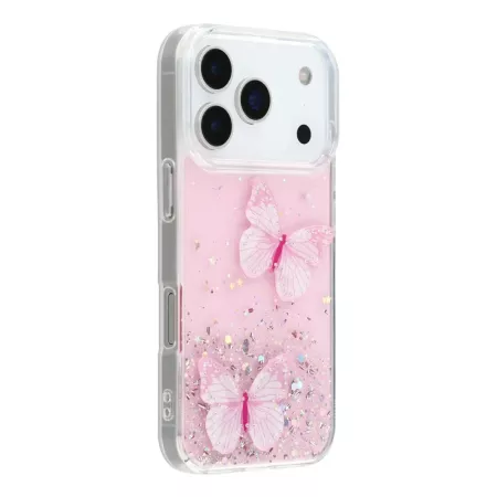iPhone 17 Pro kimaltava suojakuori perhoskoristeella – viisto takanäkymä, kaksi 3D-perhosta ja pinkki glitter.