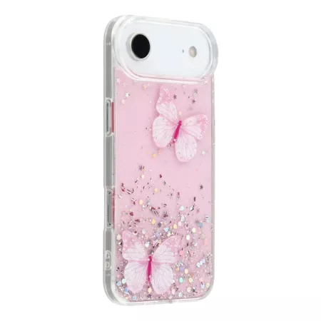 iPhone Air kimaltava suojakuori perhoskoristeella – viisto takanäkymä, kaksi 3D-perhosta ja glitter-pinta.