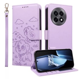 OnePlus 13R lila koira suojakotelo – pääkuva: koirakuosi, lila keinonahka ja jalustatoiminto.