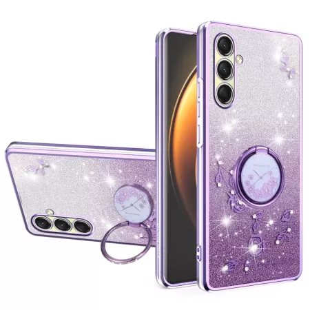 Samsung Galaxy A17 kimalteleva violetti glitter sormuspidike suojakuori.
