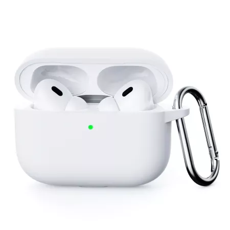AirPods Pro 3 kotelon valkoinen silikoni suojakuori – tyylikkään pelkistetty ja mukana karabiineri.