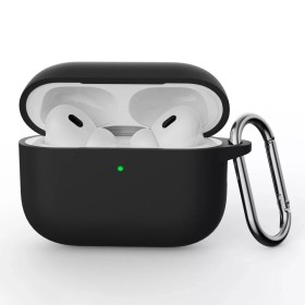 AirPods Pro 3 kotelon musta silikoni suojakuori – napakka istuvuus ja metallinen karabiineri.
