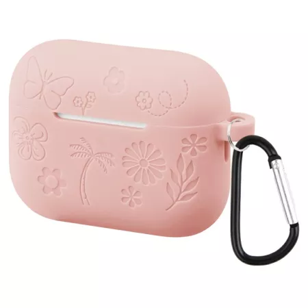 AirPods Pro 3 perhoskuvioinen vaaleanpunainen suojakuori – pehmeä silikoni ja mukana karabiini.