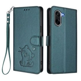 OnePlus Nord CE5 5G tumma vihreä kissa suojakotelo – kohokuvioitu kissa, magneettisuljin ja rannehihna; etu- ja takakansi.