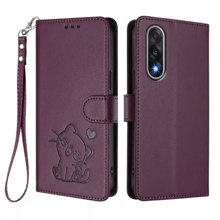 OnePlus Nord 5 5G tumma violetti kissa suojakotelo – kohokuvioitu kissa & sydän, käsihihna.