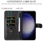 Samsung Galaxy S24 / S25 musta suojakotelo vetoketjutaskulla – lompakko: 3 korttipaikkaa ja setelitasku sisäkannessa.