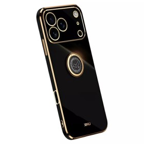 iPhone 17 Pro musta sormuspidike suojakuori – tyylikäs musta, kullanväriset reunukset ja kääntyvä rengaspidike tukevaan otteesee