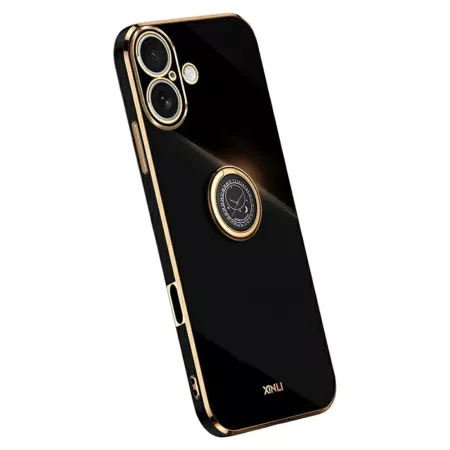 iPhone 17 musta sormuspidike suojakuori – tyylikäs musta takakuori, kullanväriset reunukset ja rengaspidike tukevaan otteeseen.