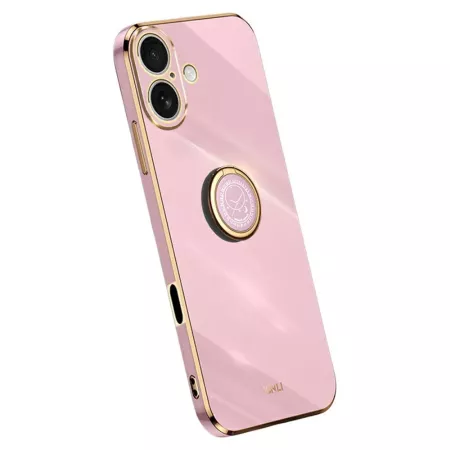 iPhone 17 violetti sormuspidike suojakuori – kiiltävä violetti pinta, kullanvärinen kehys ja integroitu rengaspidike.