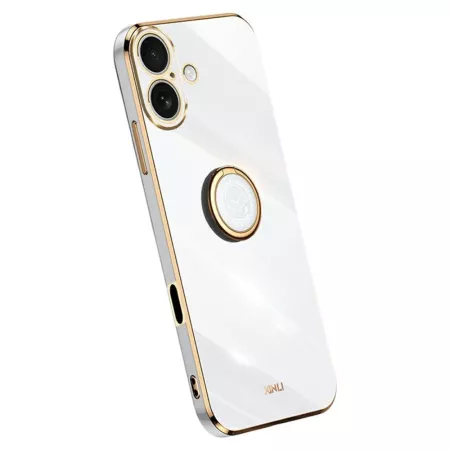 iPhone 17 valkoinen sormuspidike suojakuori – kiiltävä valkoinen takakuori, kullanväriset reunukset ja kääntyvä rengaspidike.