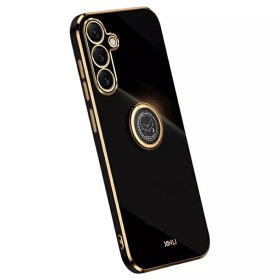 Samsung Galaxy S25 FE musta sormuspidike suojakuori – tyylikäs musta, kullanväriset reunukset ja sisäänrakennettu rengasteline.