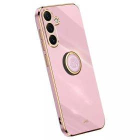 Samsung Galaxy S25 FE violetti sormuspidike suojakuori – kiiltävä violetti takakansi, kullanväriset kehykset ja kääntyvä rengasp