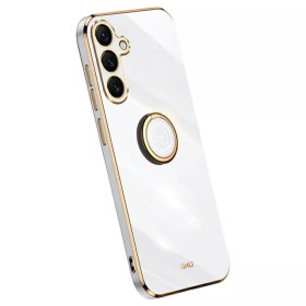 Samsung Galaxy S25 FE valkoinen sormuspidike suojakuori – kiiltävä pinta, kullanväriset reunukset ja rengaspidike tukevaan ottee