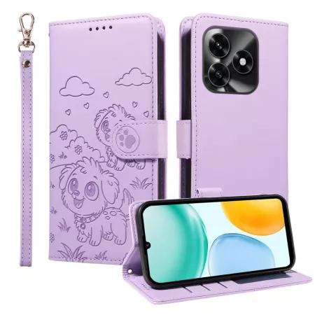 Honor X5c Plus lila koira suojakotelo: koirakuvio ja rannenauha edessä ja takana.