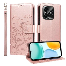 Honor X5c Plus ruusukulta koira suojakotelo: kohokuvioitu koirakuosi ja rannenauha etu- ja takapuolella.