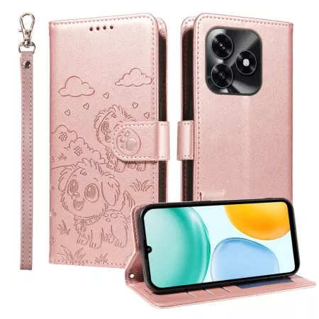 Honor X5c Plus ruusukulta koira suojakotelo: kohokuvioitu koirakuosi ja rannenauha etu- ja takapuolella.