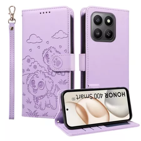 Honor 400 Smart 5G lila koira suojakotelo – kohokuvioitu koirakuosi, jalustatoiminto ja rannenauha.