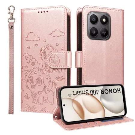 Honor 400 Smart 5G ruusukulta koira suojakotelo – kohokuvioitu koirakuosi, jalustatoiminto ja irrotettava rannenauha.