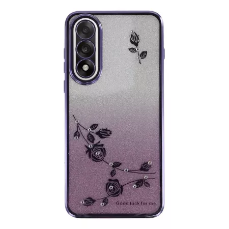 OnePlus Nord 5 5G violetti glitter kukka suojakuori – selkeä pääkuva: liukuvärinen violetti glitter-pinta, kohokuvioidut kukat j