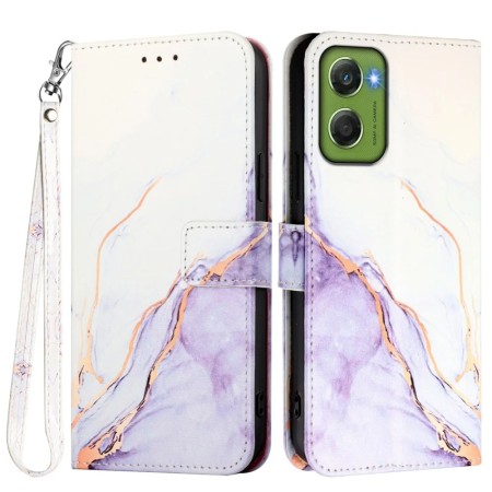 Motorola Moto G06 valkoinen marmori suojakotelo – etu- ja takapuolen yleiskuva rannenauhalla.