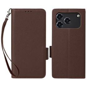 Cepter Nivo A1 ruskea suojakotelo suojaa puhelimen kannen alle ja sisältää irrotettavan rannehihnan helpompaa kantamista varten.