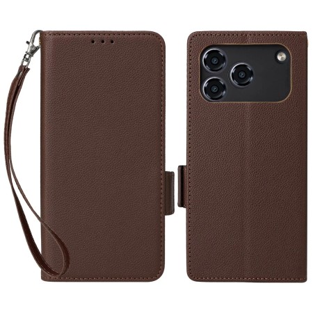 Cepter Nivo A1 ruskea suojakotelo suojaa puhelimen kannen alle ja sisältää irrotettavan rannehihnan helpompaa kantamista varten.