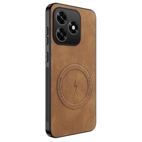 Honor X5c Plus ruskea MagSafe suojakuori viistosta, nahkamainen pinta ja upotettu magneettirengas.