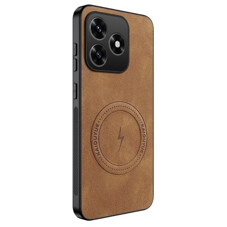 Honor X5c Plus ruskea MagSafe suojakuori viistosta, nahkamainen pinta ja upotettu magneettirengas.