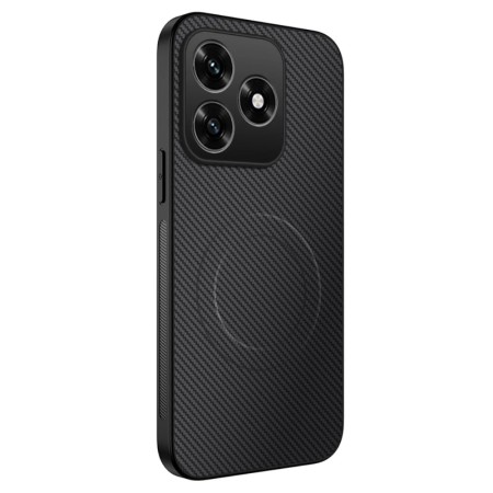 Honor X5c Plus musta hiilikuitu MagSafe suojakuori viistosta, magneettirengas ja hiilikuitupinta näkyvät selkeästi.