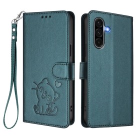 Samsung Galaxy A36 tumma vihreä kissa suojakotelo edestä ja takaa, rannelenkillä varustettuna.