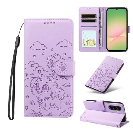 Samsung Galaxy A57 5G lila koira suojakotelo – lompakkokotelo rannekkeella, korttipaikat ja jalusta