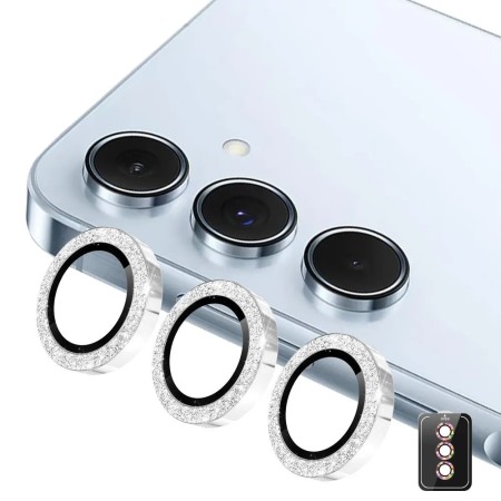 Samsung Galaxy A57 5G kameran linssinsuojat hopea glitter – 3 erillistä linssisuojaa ja asennustarvikkeet