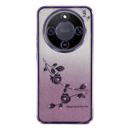 Honor Magic8 Lite 5G violetti glitter kukka suojakuori, kimaltava takapinta ja kukkakoristeet.
