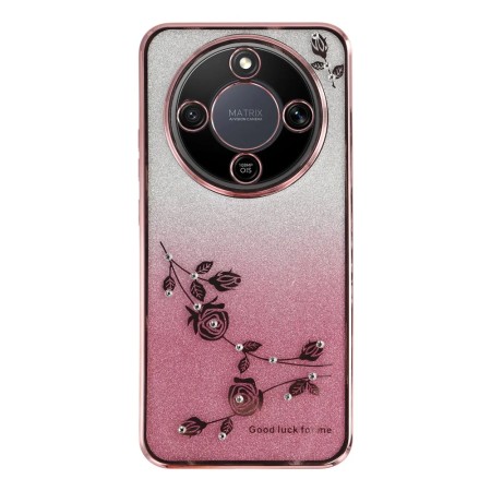 Honor Magic8 Lite 5G ruusukulta glitter kukka suojakuori, strassikoristeinen kukkakuvio ja suuri kamerarengas.