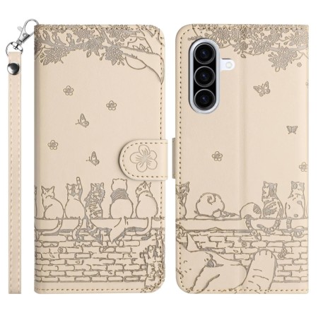 Samsung Galaxy A37 beige kissa suojakotelo, jossa on kauniita kissakuvastoja ja koristeellisia yksityiskohtia.