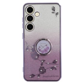 Samsung Galaxy S26 violetti glitter kukka sormuspidike suojakuori, jossa on kauniita kukkakuvioita ja kimalteleva pinta.