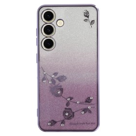 Samsung Galaxy S26 violetti glitter kukka suojakuori, jossa on kauniita kukkakuoseja ja kimaltava pinta.