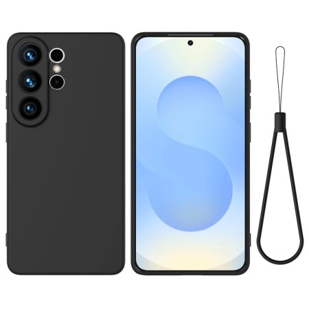 Samsung Galaxy S26 Ultra musta suojakuori rannenauhalla, joka suojaa puhelinta ja tarjoaa tyylikkään ilmeen.