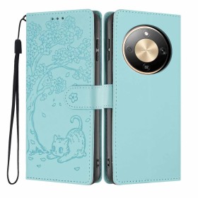 Honor Magic8 Lite 5G mintunvihreä kissa suojakotelo, jossa on kaunis kissakuva ja kukkia.