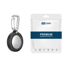 Vedenpitävä AirTag suojakuori koukulla – täysin suljettu, musta, mukana kätevä kiinnityslenkki.