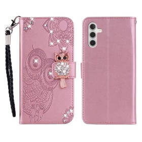 Samsung Galaxy A57 5G ruusukulta pöllö suojakotelo, jossa on koristeellisia yksityiskohtia ja kätevä nauha.