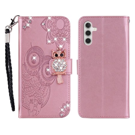 Samsung Galaxy A57 5G ruusukulta pöllö suojakotelo, jossa on koristeellisia yksityiskohtia ja kätevä nauha.