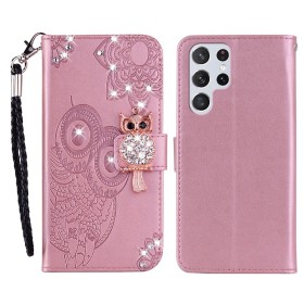 Samsung Galaxy S26 Ultra ruusukulta pöllö suojakotelo, jossa on koristeita ja suljettava etuosa.