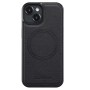 Tyylikäs iPhone 14 musta MagSafe-yhteensopiva suojakuori, jossa on nahkainen pinta ja elegantti muotoilu.
