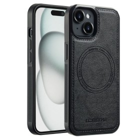 iPhone 15 musta MagSafe-yhteensopiva suojakuori suojaa puhelinta tyylikkäällä nahkakuorella.