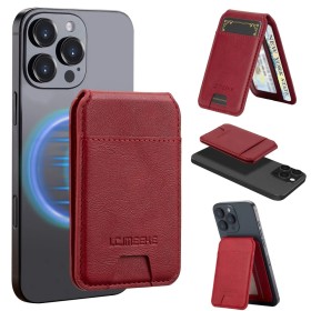 Punainen magneettinen korttikotelo puhelimeen, joka tarjoaa tyylikkään ja käytännöllisen ratkaisun korttien säilyttämiseen.