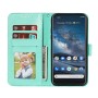 Nokia 8.3 5G mintunvihreä kukka suojakotelo avattuna, sisältä löytyy puhelin, korttipaikkoja ja valokuva.