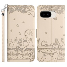 Tyylikäs Google Pixel 10a beige kissa suojakotelo, jossa on kauniita kissakuvastoja ja luonnon yksityiskohtia.