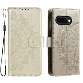 Google Pixel 10a kullanvärinen mandala suojakotelo, jossa kaunis kohokuviointi ja käytännöllinen suljenta.